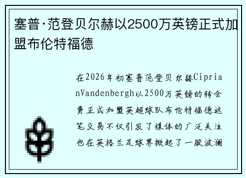 塞普·范登贝尔赫以2500万英镑正式加盟布伦特福德